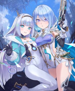 2girls aqua_jacket black_gloves black_hairband black_sleeves blue_eyes blue_hair blunt_ends bodysuit breasts clothing_cutout collared_leotard covered_navel cropped_jacket detached_sleeves dreizehn_(shadowverse) enporion eudie_(shadowverse) framed_breasts gloves grey_hair gun hairband handgun highres holding holding_gun holding_weapon jacket leotard long_hair looking_at_viewer medium_breasts multiple_girls open_clothes open_jacket parted_lips shadowverse shadowverse:_worlds_beyond short_hair small_breasts weapon white_bodysuit white_gloves white_leotard