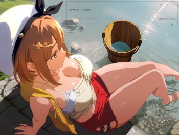 1girl ahonoko atelier_(series) atelier_ryza atelier_ryza_1 barefoot black_bow bow breasts brown_eyes brown_hair bucket cleavage closed_mouth from_above hair_ornament hat hat_bow large_breasts outdoors red_shorts reisalin_stout request_inset short_hair short_shorts shorts sitting smile soaking_feet solo thighs watermark wooden_bucket