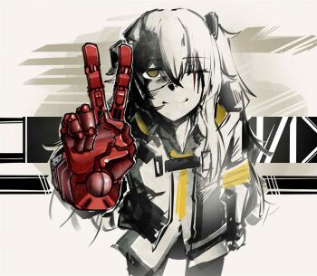 1girl android armband girls&#039;_frontline hair_between_eyes highres humanoid_robot joints mechanical_arms mechanical_hands metal_gear_(series) metal_gear_solid_v:_the_phantom_pain nym+_(nymplus) prosthesis prosthetic_arm robot robot_girl robot_joints scar scar_across_eye scar_on_face science_fiction shirt single_mechanical_arm single_mechanical_hand smile ump45_(girls&#039;_frontline) ump45_(mod3)_(girls&#039;_frontline) v yellow_armband yellow_eyes