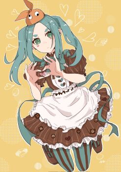 Rule 34 | 1girl, apron, aqua bow, aqua bowtie, aqua hair, blush, bow, bowtie, brown dress, brown shoes, buttons, closed mouth, commentary, corrupted twitter file, dress, english commentary, full body, googly eyes, green eyes, hat, heart, heart background, heart button, heart hands, heart in heart hands, highres, hikimayu, long hair, monogatari (series), ononoki yotsugi, orange hat, pantyhose, parted bangs, puffy short sleeves, puffy sleeves, shoes, short eyebrows, short sleeves, sidelocks, simple background, solo, striped clothes, striped dress, striped pantyhose, thick eyebrows, twintails, valhalla0707, vertical-striped clothes, vertical-striped dress, vertical-striped pantyhose, waist apron, white apron, yellow background