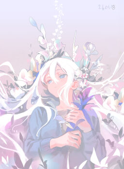 1girl blue_eyes dated empty_eyes flower gradient_background gradient_flower grey_background grey_jacket haun highres jacket long_hair looking_to_the_side lying on_back pink_background pink_flower project_sekai purple_flower sidelocks solo upper_body white_flower white_hair yoisaki_kanade