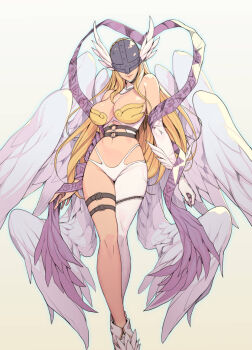 angel angel_girl angel_wings angewomon asymmetrical_clothes asymmetrical_legwear bare_shoulders blonde_hair breasts collarbone commentary covered_eyes digimon digimon_(creature) digimon_adventure elbow_gloves feathered_wings gloves head_wings helmet helmet_over_eyes highres large_breasts long_hair multiple_wings oda_non pink_shawl shawl shiny_skin simple_background thigh_strap thighs wings wrist_wings
