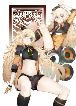 1girl :d action_camera arms_up bike_shorts black_shirt black_shorts black_skirt black_socks black_sports_bra blonde_hair blush bow bow_panties breasts collared_shirt ekuesu flag_print girls&#039;_frontline gloves green_eyes griffin_&amp;_kryuger_logo hair_between_eyes hairband hat highres italian_flag kneehighs knees_up large_breasts long_hair long_sleeves looking_at_viewer messy_hair midriff miniskirt navel open_clothes open_mouth orange_gloves orange_hairband orange_shirt panties panties_under_bike_shorts pleated_skirt print_ribbon ribbon s.a.t.8_(girls&#039;_frontline) shield shield_module shirt short_shorts shorts shorts_under_skirt shoulder_belt shoulder_strap simple_background sitting skirt sleeves_rolled_up smile socks solo sports_bra teeth thighs tilted_headwear two-tone_shirt underwear upper_teeth_only very_long_hair video_camera white_background white_panties