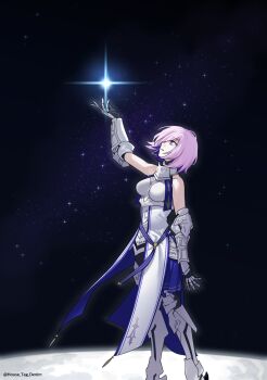1girl armor armored_boots armored_leotard bare_shoulders black_gloves black_leotard boobplate boots bracer breastplate breasts colored_inner_hair commentary_request fate/grand_order fate_(series) faulds full_body gauntlets gloves gorget greaves hair_over_one_eye heattech_leotard highres house_tag_denim korean_commentary large_breasts leotard looking_at_object looking_up mash_kyrielight mash_kyrielight_(paladin) moon multicolored_hair parted_lips purple_hair sleeveless space star_(sky) star_(symbol) turtleneck two-tone_hair waist_cape