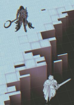 Rule 34 | 2others, binary, black cloak, boots, character request, chromatic aberration, cliff, cloak, faceless, floating, from above, full body, glitch, grid, highres, holding, holding sword, holding weapon, honkai: star rail, honkai (series), hood, hood up, idutudu, multiple others, phainon (honkai: star rail), standing, sword, weapon, white cloak