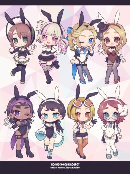 6+girls alice_deross alternate_costume animal_ear_hairband animal_ears anne_lester aqua_eyes asymmetrical_legwear black_hair black_streaks blonde_hair blue_eyes bonnet boots bow bowtie braid brown_eyes c: chibi chibi_only commentary_request covered_navel crop_top dark-skinned_female dark_skin detached_sleeves dreadlocks earrings emma_woods english_text fake_animal_ears fishnet_thighhighs fishnets frilled_bonnet frilled_leotard frilled_skirt frilled_sleeves frilled_thigh_strap frills garter_straps gloves green_eyes hair_tubes hairband hand_on_own_hip hat helena_adams high_heels highres identity_v jewelry juliet_sleeves knee_boots leg_up leotard lily_barriere long_hair long_sleeves mary_janes medium_hair middle_part mini_hat mini_top_hat miniskirt mismatched_legwear multiple_girls navel necktie nontraditional_playboy_bunny one_eye_closed orange_necktie patricia_dorval pink_eyes pink_streaks puffy_sleeves purple_bow purple_bowtie purple_eyes qi_shiyi rabbit_ear_hairband rabbit_ears red_hair shoes short_hair skirt smile strapless strapless_leotard thigh_strap thighhighs top_hat tracy_reznik twin_braids twitter_username uneven_legwear white_gloves white_hair white_wrist_cuffs wide_sleeves wrist_cuffs yunoichi-hoshiduki