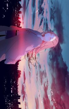 1girl absurdres city cityscape closed_eyes closed_mouth commentary_request dnamaguro gakuen_idolmaster hair_ornament hairpin highres idolmaster long_hair shinosawa_hiro sky solo