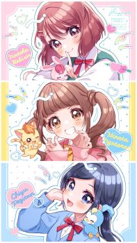 3girls :d arched_bangs blue_eyes blue_hair blunt_bangs blush bow brown_hair character_name closed_mouth collared_shirt english_text hanadera_nodoka healin&#039;_good_precure healing_animal heart highres hiramitsu_hinata kuzumochi looking_at_viewer multiple_girls nyatoran_(precure) open_mouth orange_eyes paw_pose pegitan_(precure) pink_eyes pink_hair precure rabirin_(precure) red_bow sawaizumi_chiyu school_uniform scrunchie shirt short_hair side_ponytail smile sukoyaka_middle_school_uniform teeth wispy_bangs