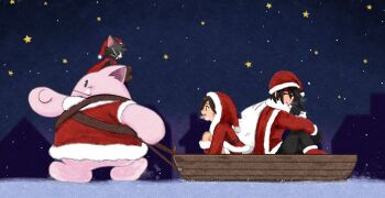 Rule 34 | 1boy, 1girl, 1other, animal, animal on head, black gloves, black hair, black pants, boots, brown boots, cait sith (final fantasy), cape, capelet, cat, cat on head, christmas, coat, creature, final fantasy, final fantasy vii, fur-trimmed capelet, fur-trimmed coat, fur-trimmed hood, fur trim, gloves, hair between eyes, hat, headband, holding, holding sack, hood, hugging own legs, long hair, moogle, on head, on roof, open mouth, pants, red boots, red cape, red headband, s m man, sack, santa hat, short hair, sky, sleigh, smile, star (sky), starry sky, tuxedo cat, vincent valentine, yuffie kisaragi