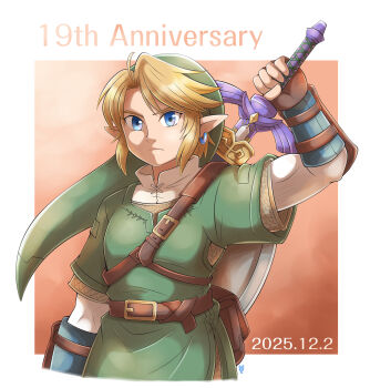 1boy absurdres aogaeru_(pixiv46613656) artist_logo belt belt_pouch blonde_hair blue_eyes brown_belt brown_gloves commentary_request dated ear_piercing english_text fingerless_gloves gloves green_hat green_tunic hat highres link logo looking_at_viewer male_focus master_sword nintendo piercing pointy_ears pouch shield sidelocks solo the_legend_of_zelda the_legend_of_zelda:_twilight_princess tunic