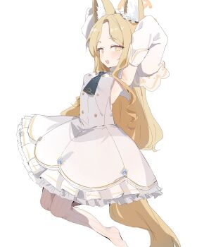 1girl animal_ear_fluff animal_ears armpits arms_up ascot blonde_hair blue_archive blue_ascot blush breasts commentary_request detached_sleeves dress forehead fox_ears fox_tail frilled_dress frills halo highres long_hair looking_at_viewer necktie open_mouth pantyhose parted_bangs seia_(blue_archive) simple_background sleeves_past_fingers sleeves_past_wrists small_breasts smile solo striped_clothes striped_pantyhose tail vertical-striped_clothes vertical-striped_pantyhose white_background white_dress white_pantyhose yamanonba yellow_eyes yellow_halo