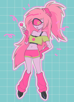 Rule 34 | 1girl, :o, absurdres, antenna hair, aqua background, bare shoulders, black camisole, black shoes, breasts, camisole, candy, cherri bomb, cleavage, colored sclera, commentary request, crop top, cropped shirt, cyclops, elbow gloves, fewer digits, fingerless gloves, food, full body, gloves, grid background, hair ornament, hair scrunchie, hand on own hip, hazbin hotel, hellaverse, high ponytail, highres, holding, holding candy, holding food, holding lollipop, kneehighs, lollipop, long hair, looking at viewer, loose socks, menma (enaic31), midriff, navel, off-shoulder shirt, off shoulder, one-eyed, open mouth, outline, pink gloves, pink hair, pink sclera, pink scrunchie, pink shorts, pink socks, ponytail, scrunchie, shirt, shoes, short shorts, short sleeves, shorts, signature, simple background, small breasts, socks, solo, standing, swept bangs, very long hair, white outline, yellow eyes, yellow shirt