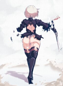 1girl 2b_(nier:automata) artbenbeau ass battle_damage bruise bruise_on_ass bruise_on_leg commentary dust_cloud english_commentary from_behind highres holding holding_sword holding_weapon injury nier:automata nier_(series) short_hair signature skindentation solo sword thighs torn_clothes virtuous_contract walking weapon white_hair