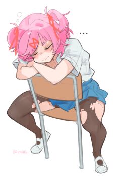 ... 1girl absurdres artist_name blue_skirt blush bob_cut chair closed_eyes closed_mouth collared_shirt commentary crossed_arms doki_doki_literature_club doki_doki_literature_club_school_uniform dress_shirt emiillb english_commentary fang full_body hair_ornament hair_ribbon head_down head_rest highres leaning_forward natsuki_(doki_doki_literature_club) on_chair pantyhose pink_hair pleated_skirt red_ribbon ribbon school_chair school_uniform shaded_face shirt shoes short_hair short_sleeves signature simple_background sitting sitting_backwards skin_fang skirt sleeping solo spread_legs squeans swept_bangs torn_clothes torn_pantyhose twitter_username two_side_up uwabaki white_background white_shirt white_shoes x_hair_ornament