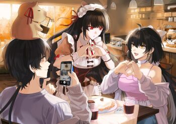 1boy 2girls absurdres alternate_costume animal_ears apron bare_shoulders bimyeong_0720 black_hair breasts brown_dress cafe cellphone chisa_(wuthering_waves) closed_mouth commentary_request dress earrings enmaided fake_animal_ears hair_ribbon heart heart_hands highres holding holding_phone jewelry korean_commentary large_breasts long_hair looking_at_viewer low_ponytail maid maid_headdress male_rover_(wuthering_waves) medium_breasts multiple_girls namipon_(wuthering_waves) official_alternate_costume open_mouth phone pink_shirt ponytail red_eyes red_ribbon ribbon rover_(wuthering_waves) shirt short_dress smartphone smile triangle_earrings wuthering_waves yellow_eyes