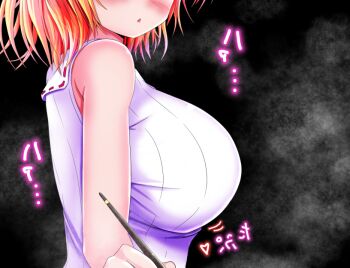 1girl amyi black_background blonde_hair blush bob_cut breasts embarrassed eyes_out_of_frame from_side game_cg head_out_of_frame heart holding holding_pen huge_breasts koucha_rakkyo large_variant_set medium_hair motion_lines non-web_source pen sabrina_to_muryoku_na_tamashii sidelocks simple_background sleeveless sleeveless_sweater solo sound_effects standing steam sweater triangle_mouth upper_body variant_set white_sweater