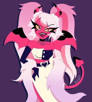 1girl breasts colored_sclera colored_skin demon_girl demon_horns hellaverse helluva_boss highres horns large_breasts long_hair looking_at_viewer pink_skin solo twintails verosika_mayday y_uriva yellow_sclera