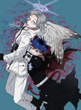 2boys angel_and_devil angel_wings aotsuki_eito armband black_gloves black_hair black_jacket black_pants black_shoes blue_eyes blue_hair commentary_request demon demon_boy demon_horns demon_tail drawstring earrings eye_print eyepatch face_piercing gakuran glasses gloves grey_hair halo highres horns hug hug_from_behind jacket jewelry labret_piercing last_defense_academy_school_uniform male_focus multicolored_hair multiple_boys omokage_yugamu pants parted_lips piercing print_eyepatch purple_eyes school_uniform shoes short_hair smile spiked_halo tail the_hundred_line_-last_defense_academy- uzu_(uzusio55) white_armband white_gloves white_jacket white_pants wings