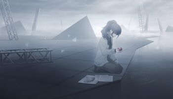 1girl absurdres apple asahina_mafuyu cardigan colorful_palette food fruit full_body game_cg grey_eyes grey_hair hair_ornament hair_scrunchie highres holding holding_food holding_fruit minasoko_ni_kage_wo_sagashite_(project_sekai) muted_color official_art open_cardigan open_clothes pants ponytail profile project_sekai scrunchie shirt shoes sketchbook solo third-party_source triangle water_drop