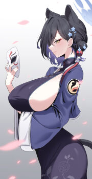 1girl animal_ears black_dress black_hair blue_archive blue_halo blue_jacket breasts china_dress chinese_clothes colored_inner_hair commentary_request crossed_arms dress extra_ears hair_bun hair_ornament hairclip halo highres holding holding_mask huge_breasts jacket kaguya_(blue_archive) looking_at_viewer mask medium_hair multicolored_hair open_clothes open_jacket purple_hair sideboob single_side_bun smile solo suigetu26 tail tiger_ears tiger_tail yellow_eyes
