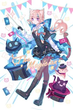 Rule 34 | 1girl, absurdres, animal ear fluff, animal ears, black dress, black pantyhose, black shoes, blue bow, boots, bow, breasts, brown hair, cat ears, cat girl, cat tail, chinese commentary, cleavage cutout, closed mouth, clothing cutout, commentary request, dress, frilled dress, frills, full body, genshin impact, gloves, hat, highres, holding, holding wand, leotard, long hair, long sleeves, low ponytail, lynette (genshin impact), magician, magician's wand, multicolored hair, pantyhose, ponytail, purple eyes, ribbon, shoes, sidelocks, solo, star (symbol), tail, top hat, viclim-monou, wand