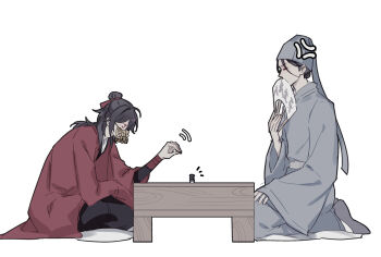 Rule 34 | 2boys, anger vein, black hair, black hanfu, board game, chess piece, chinese clothes, chinese commentary, closed eyes, coat, coin, coin mask, covered mouth, cushion, dao gui yi xian, from side, grey hanfu, grey hat, grey shoes, hair bun, hair ribbon, half updo, hand fan, hand fan writing, hand up, hanfu, hat, hat ribbon, highres, holding, holding chess piece, holding fan, jin (headwear), li huowang, long hair, long sleeves, looking at object, male focus, mask, motion lines, mouth veil, multiple boys, notice lines, paper fan, red coat, red eyes, red ribbon, ribbon, robe, sandsawako, seiza, shoes, simple background, single hair bun, sitting, table, updo, veil, white background, wide sleeves, zhouzi jin (headwear), zhuge yuan