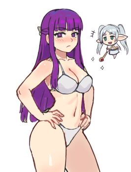2girls absurdres bare_arms bare_legs bare_shoulders blunt_bangs blush bra breasts chibi chibi_inset commentary cowboy_shot english_commentary fern_(sousou_no_frieren) frieren frown half_updo hands_on_own_hips highres large_breasts long_hair looking_at_viewer multiple_girls navel panties purple_hair simple_background solo_focus sousou_no_frieren stomach underwear underwear_only watcher_hollow white_background white_bra white_panties