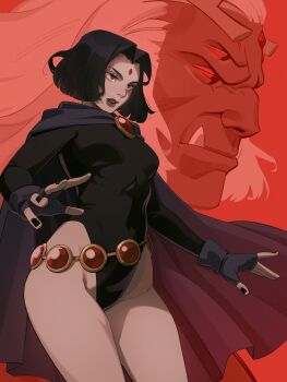 1girl animification bare_hips bare_legs belt black_gloves black_leotard black_nails breasts cloak colored_skin dc_comics fingerless_gloves forehead_jewel gloves grey_skin highres leotard medium_breasts nail_polish purple_cloak purple_hair purple_lips raven_(dc) sleeved_leotard solo superhero_costume teen_titans trigon uhohsplooge