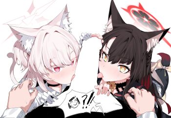 !? 2girls absurdres akira_(blue_archive) animal_ear_fluff animal_ears black_hair blue_archive blush cat_ears cat_tail censored colored_inner_hair cooperative_fellatio doodle_sensei_(blue_archive) fellatio fox_ears fox_girl fox_tail gloves halo heart heart-shaped_pupils highres large_penis licking licking_penis long_hair looking_at_viewer multicolored_hair multiple_girls oral penis plentyofempty pov red_eyes sensei_(blue_archive) shirt symbol-shaped_pupils tail teamwork_(sexual) wakamo_(blue_archive) white_background white_gloves white_hair white_shirt yellow_eyes