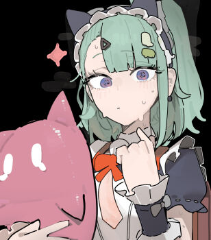 Rule 34 | 1girl, animal ear hairband, animal ears, azz0422, black background, black dress, blush, bow, bowtie, cat ear hairband, cat ears, closed mouth, commentary, dress, earrings, fake animal ears, ghost hair ornament, green hair, hair ornament, hairband, highres, holding, jewelry, looking at viewer, maid, maid headdress, multiple hair clips, official alternate costume, pointing, pointing at self, ponytail, purple eyes, red bow, red bowtie, simple background, sunna (afternoon tea break) (zenless zone zero), sunna (zenless zone zero), sweat, triangle hair ornament, zenless zone zero