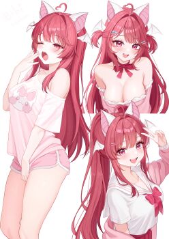 1girl absurdres ahoge animal_ears bare_shoulders bat_ears bibixart bow bowtie breasts cherrikko_(vtuber) choker cleavage commentary commission detached_sleeves dolphin_shorts english_commentary head_wings heart heart_ahoge highres indie_virtual_youtuber jacket large_breasts long_hair long_sleeves looking_at_viewer medium_breasts multiple_views off_shoulder one_eye_closed open_mouth pink_jacket pink_shorts ponytail red_choker red_eyes red_hair revision ribbon_choker sailor_collar school_uniform serafuku shirt short_shorts short_sleeves shorts smile strapless strapless_shirt thighs two_side_up virtual_youtuber white_sailor_collar white_shirt wings yawning