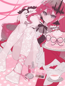 1girl 590kogure590 absurdres adapted_costume baobhan_sith_(fate) baobhan_sith_(first_ascension)_(fate) blush breasts cake center_frills commentary detached_collar detached_sleeves dress earrings fate/grand_order fate_(series) food frills grey_eyes highres jewelry long_hair looking_at_viewer medium_breasts pantyhose pink_hair pointy_ears red_dress sidelocks sitting solo stuffed_toy symbol-only_commentary tiara white_pantyhose