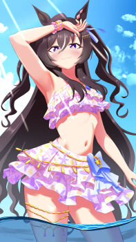 1girl absurdres animal_ears arm_up armpits bikini bikini_skirt black_hair blue_sky blush bright_pupils closed_mouth cloud cloudy_sky commentary_request day floral_print floral_print_bikini frilled_bikini frills highres horse_ears horse_girl horse_tail kurage-jellyfish looking_at_viewer navel official_alternate_costume official_alternate_hairstyle pink_bikini print_bikini ruffle_bikini sky smile solo stomach swimsuit tail thighs two_side_up umamusume vivlos_(eclat_d'ete)_(umamusume) vivlos_(umamusume) wading white_pupils