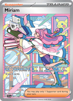 1girl artist_name bed book braid card_(medium) character_name company_name copyright_name copyright_notice curtains desk english_text from_side full_body gen_1_pokemon green_shoes hair_ornament high_heels hospital_bed jacket komayama_akira lab_coat long_hair long_sleeves miriam_(pokemon) multicolored_hair nintendo official_art open_clothes open_jacket paper pikachu pink_hair pokemon pokemon_card pokemon_sv pokemon_tcg purple_hair purple_skirt shoes skirt solo stuffed_toy sweater third-party_source trading_card tripping two-tone_hair white_jacket window yellow_sweater