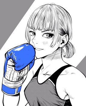 1girl blue_gloves boxing_gloves collarbone commentary_request gloves greyscale hatching_(texture) highres lee_(dragon_garou) light_blush low_twintails monochrome mouth_guard original short_twintails smile solo sports_bra spot_color twintails upper_body