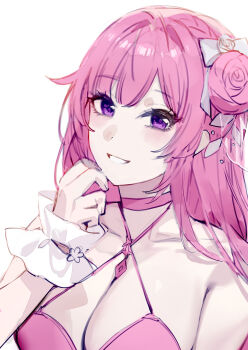 1girl absurdres bare_shoulders blush braid breasts cleavage collarbone dorothy_(nikke) dorothy_(nostalgia)_(nikke) dress goddess_of_victory:_nikke grin hair_bun hair_ribbon halter_dress halterneck hanbok625 highres large_breasts long_hair looking_at_viewer official_alternate_costume pink_dress pink_hair purple_eyes ribbon smile solo white_ribbon