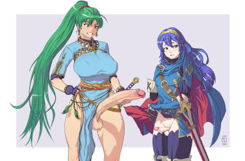 Rule 34 | 2futa, belt, blue eyes, blue hair, blush, breasts, cape, clenched teeth, clothes lift, covered erect nipples, dress, earrings, erection, fingerless gloves, fire emblem, fire emblem: the blazing blade, fire emblem awakening, futanari, gloves, green eyes, green hair, hair ornament, highres, huge penis, jewelry, kupocun, large breasts, long hair, lucina (fire emblem), lyn (fire emblem), multiple futa, nintendo, nipples, no panties, penis, penis comparison, penis size difference, ponytail, precum, simple background, skirt, skirt lift, small breasts, smile, sword, teeth, testicles, uncensored, veins, veiny penis, weapon