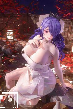 1girl artist_name bare_shoulders bathrobe bottle breasts camilla_(fire_emblem) camilla_(hostile_springs)_(fire_emblem) cleavage fire_emblem fire_emblem_fates fire_emblem_heroes hair_over_one_eye hand_on_own_chest irisli0224 large_breasts leaf maple_leaf nintendo official_alternate_costume one_eye_covered onsen outdoors ponytail purple_eyes purple_hair sake_bottle sitting solo water wavy_hair
