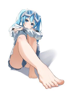1girl absurdres arahashi_tabi barefoot blue_eyes blue_hair commentary double-parted_bangs english_commentary expressionless feet foot_focus foreshortening full_body goggles goggles_on_head highres hugging_own_legs jacket knees_up long_hair long_sleeves looking_at_viewer miniskirt multicolored_hair parted_lips simple_background sitting skirt solo stellive streaked_hair toenails toes tsuyu_(yzxx7825) twintails virtual_youtuber white_background white_jacket white_skirt