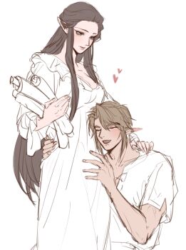 1boy 1girl blue_eyes breasts cleavage closed_eyes commentary couple dress english_commentary hair_between_eyes hand_on_another's_shoulder hand_on_another's_stomach hetero holding holding_scroll kurokawa_karasu link long_hair medium_breasts nintendo open_mouth pointy_ears pregnant princess_zelda scroll short_hair sidelocks smile the_legend_of_zelda the_legend_of_zelda:_twilight_princess white_background white_dress