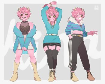 1girl alternate_costume aqua_coat arms_up ashido_mina bare_shoulders belt black_pants black_sclera black_shorts black_thighhighs blush boku_no_hero_academia boots border bracelet breasts bright_pupils brown_boots coat collarbone colored_sclera colored_skin commentary english_commentary eyelashes fingernails full_body fur_coat fur_trim grin hand_in_pocket hand_on_own_arm highres horns jewelry kibstar legs_apart midriff multiple_necklace multiple_views navel off_shoulder one_eye_closed open_mouth outline pants pink_hair pink_skin short_hair shorts smile split_mouth standing teeth thighhighs tongue tongue_out triangle_necklace upper_teeth_only v white_belt white_border white_outline white_pupils yellow_eyes