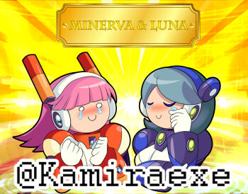 2girls blue_hair chibi fembot highres kamira-exe long_hair luna_(mega_man) mega_man_(series) mega_man_maverick_hunter_x mega_man_x_(series) minerva_(mega_man) multiple_girls pink_hair short_hair