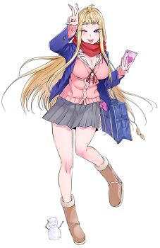 1girl ;p bag blazer blonde_hair blue_bag blue_jacket boots breasts brown_boots cardigan cellphone cleavage dosanko_gal_wa_namaramenkoi full_body fuyuki_minami grey_skirt highres holding holding_phone ikada_kai jacket kitami_hokuryo_high_school_uniform large_breasts long_hair long_sleeves looking_at_viewer mini_snowman neck_ribbon one_eye_closed open_clothes open_jacket phone pink_cardigan pleated_skirt purple_eyes purple_nails red_ribbon red_scarf ribbon scarf school_bag school_uniform simple_background skirt smartphone snowman solo standing standing_on_one_leg tongue tongue_out transparent_background very_long_hair