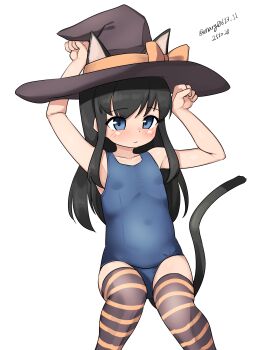 1girl absurdres animal_ears asashio_(halloween)_(kancolle) asashio_(kancolle) black_hair black_hat black_thighhighs blue_eyes blue_one-piece_swimsuit cat_ears cat_tail feet_out_of_frame flat_chest hat highres invisible_chair kantai_collection long_hair maru_(marg0613) old_school_swimsuit one-hour_drawing_challenge one-piece_swimsuit paw_pose school_swimsuit simple_background sitting solo striped_clothes striped_thighhighs swimsuit tail thighhighs white_background witch_hat