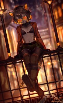 1boy absurdres animal_ears bikini black_bikini black_thighhighs boots brown_boots brown_hair brown_shorts cat_boy cat_ears cat_tail city commission dungeons_&amp;_dragons furry furry_female furry_male hair_between_eyes highres jacket long_sleeves navel night open_clothes open_jacket orange-tinted_eyewear outdoors pita-potato red_jacket short_hair shorts sitting smile swimsuit tail thighhighs tinted_eyewear trap