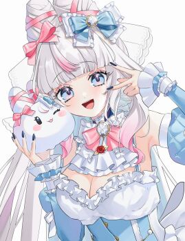 1girl ;d ascot black_nails blue_bow blue_eyes blue_sleeves blush_stickers bow bowtie breasts brooch character_request cleavage copyright_request detached_sleeves frilled_sleeves frills gradient_hair hair_bow hair_ribbon highres holding jewelry multicolored_hair one_eye_closed open_mouth pink_bow pink_bowtie pink_hair pink_ribbon ribbon saika_usagi smile v v_over_eye white_ascot white_background