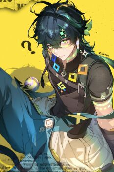 1boy ? absurdres aqua_pants black_hair black_shirt closed_mouth genshin_impact green_eyes green_hair green_headband hair_between_eyes headband highres kinich_(genshin_impact) lion_2929 looking_at_viewer male_focus multicolored_hair pants shirt short_hair short_sleeves solo streaked_hair yellow_background
