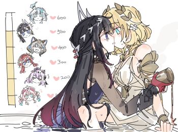 6+girls aglaea_(honkai:_star_rail) animal_ears bare_shoulders black_hair blonde_hair blue_eyes blue_hair blurry castorice_(honkai:_star_rail) cat_ears cerydra_(honkai:_star_rail) cipher_(honkai:_star_rail) dress drill_hair flower gelinzzz gloves gradient_hair grey_hair honkai:_star_rail honkai_(series) hyacine_(honkai:_star_rail) hysilens_(honkai:_star_rail) kiss_meter_(meme) laurel_crown long_hair meme multicolored_hair multiple_girls partially_submerged pink_hair pointy_ears purple_eyes purple_hair red_gloves red_hair simple_background tribios_(honkai:_star_rail) twin_drills wet white_background white_dress white_flower yuri