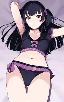 1girl absurdres arms_behind_head bikini black_hair breasts brown_eyes commentary_request cowboy_shot frilled_bikini frills garuku1120 highres idolmaster idolmaster_shiny_colors looking_at_viewer lying mayuzumi_fuyuko medium_breasts side-tie_bikini_bottom solo swimsuit thigh_gap two_side_up