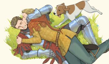 Rule 34 | 2boys, animal, arm around neck, armor, belt, black shoes, blonde hair, blue flower, brown belt, brown hair, chainmail, closed eyes, commentary, dog, english commentary, flower, gauntlets, grass, greaves, hand on another's shoulder, hans capon, henry of skalitz, highres, kingdom come: deliverance ii, kiss, kissing cheek, knight, lying, lying on person, male focus, multiple boys, on back, pants, red shrug, shoes, shrug (clothing), smile, tunic, xvilja, yaoi, yellow tunic